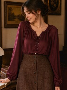 Jennifer Lopez Burgundy Silky Peasant Blouse Lace-Up Front Boho Romantic Top, M
